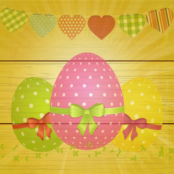 Easter eggs and bunting on wooden background - Vektor, Bild