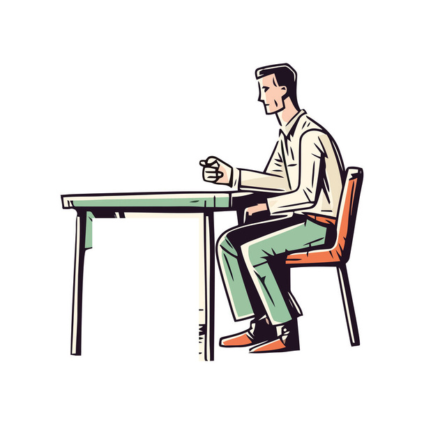 デスクワークアイコンに座って成功したビジネスマン孤立 - ベクター画像