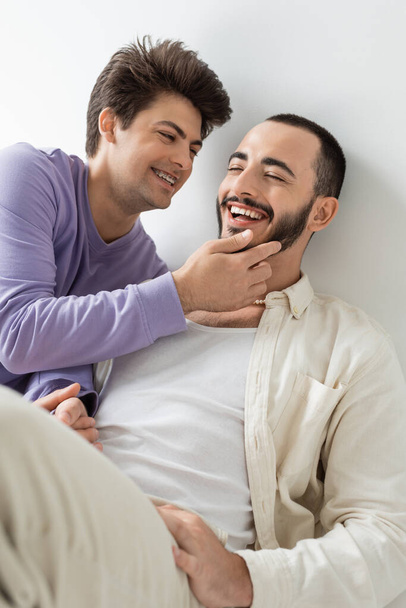 sorridente gay uomo con bretelle su denti toccare faccia di barbuto bruna fidanzato con chiuso gli occhi e tenendo le mani mentre seduta insieme su sfondo grigio - Foto, immagini