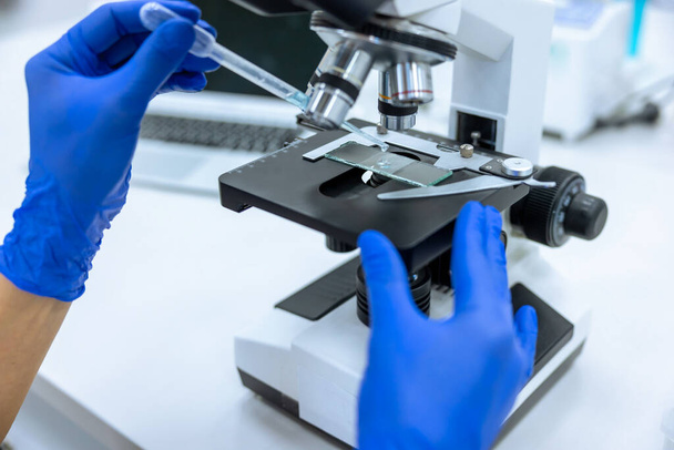 Mãos de pesquisador irreconhecíveis em luvas de borracha azul usando pipeta e microscópio em laboratório para estudar amostra ou desenvolver novo medicamento. - Foto, Imagem