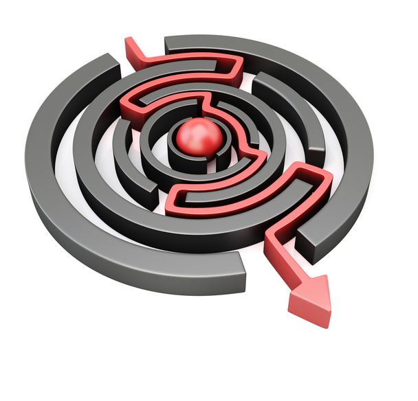 Flecha roja cruzando laberinto circular
 - Foto, imagen