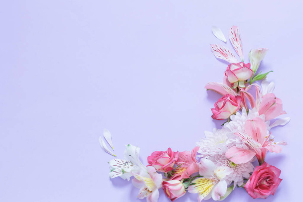 alstroemeriaand chrysanthemums  flowers on violet  background - 写真・画像