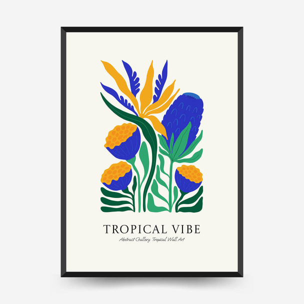 Abstrakcyjny wzór plakatów kwiatowych. Nowoczesny modny styl minimalny Matisse. Tropikalna dżungla. Ręcznie rysowany projekt tapety, dekoracji ścian, nadruku, pocztówki, okładki, szablonu, banera.  - Wektor, obraz