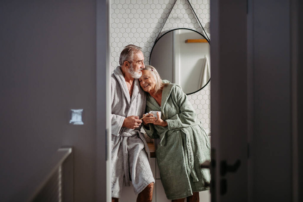 Senior couple having morning routine in the bathroom. - Фото, изображение