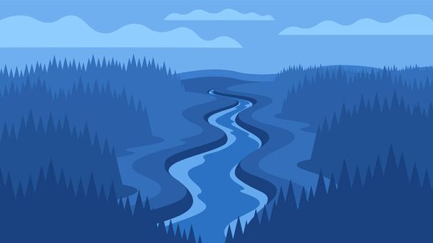 Плоская иллюстрация естественной сцены. Мистический лес и длинный поток реки горизонтальный ночной пейзаж. - Вектор,изображение