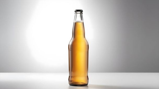 Beer bottle glass long neck with foamy frothy beer mock up clean studio shot isolated on white. - Foto, immagini