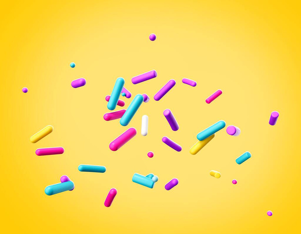 A 3D render of colorful sugar sprinkles on a yellow background - Foto, Bild