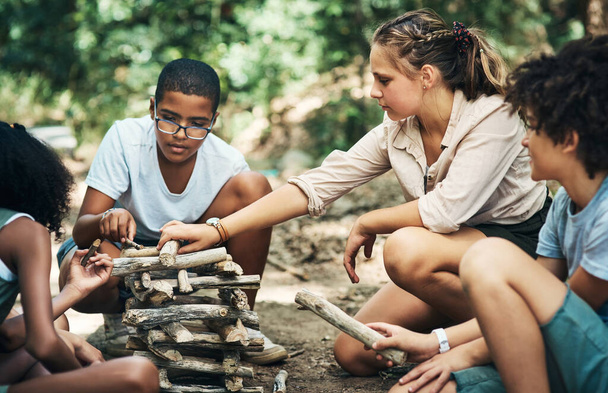 Arkadaşlık kurmak ve yeni yetenekler öğrenmek. Bir grup genç yaz kampında odun yığını inşa ediyor. - Fotoğraf, Görsel