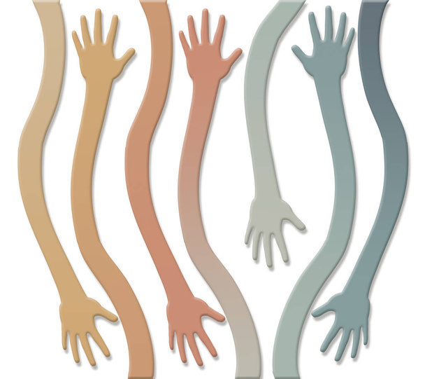 Human hands with long curving arms reach across this 3-d illustration in an image about human interaction and reaching for new friends. - Photo, Image