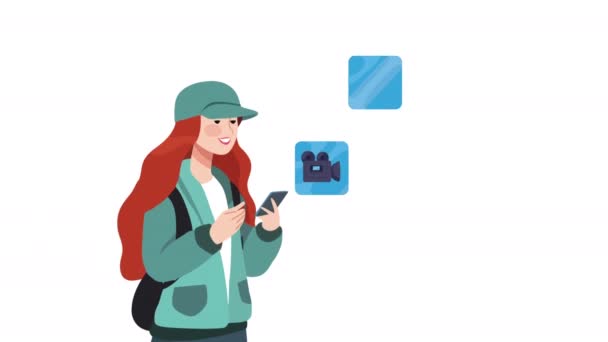 chica con teléfono inteligente y animación de medios sociales 4k video animado - Imágenes, Vídeo