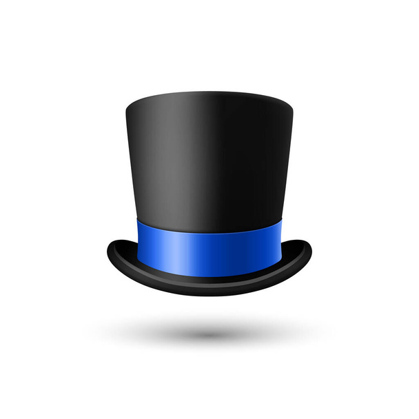 Vector 3d Realistic Black Top Hat Icon with Blue Ribbon Closeup Isolated. Classic Retro Vintage Top Hat, Vintage Gentlemans Mens Hat, Front View. - Διάνυσμα, εικόνα