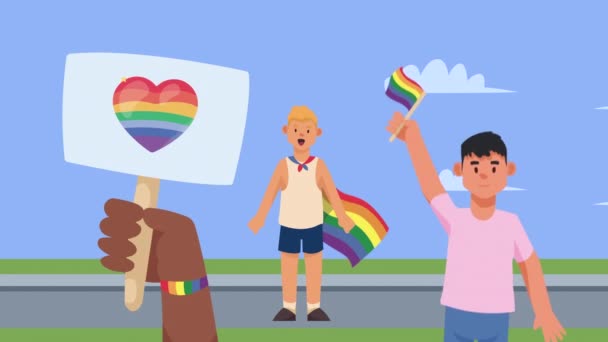 gej mężczyźni grupa z lgtbiq flaga animacja 4k wideo animowane - Materiał filmowy, wideo