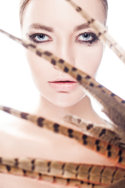 hermosa mujer modelo con plumas
 - Foto, Imagen