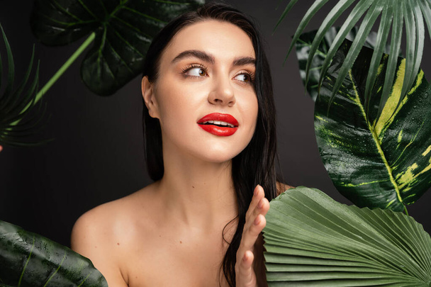 великолепная молодая женщина с брюнетками и красными губами позирует вокруг тропических и экзотических зеленых пальмовых листьев с капельками дождя на них изолированы на сером фоне  - Фото, изображение