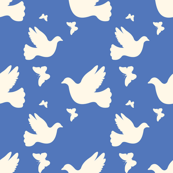 A beautiful seamless vector wallpaper with lovely white doves and butterflies on a soft blue background - Vector, Imagen