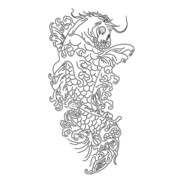 A digital illustration of a black and white traditional dragon tattoo design - Вектор,изображение