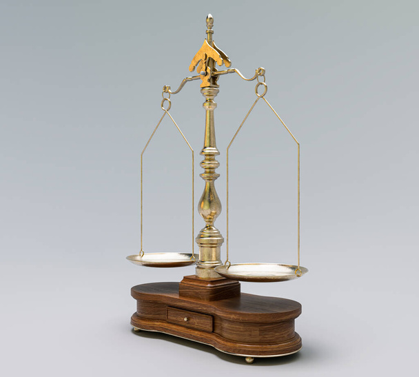 白の孤立した背景に木製のベースを持つ装飾的な真鍮の正義のスケール- 3Dレンダリング - 写真・画像