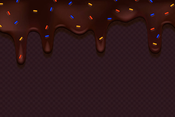 Realistic drip cream drops melt drops with sprinkles. Melted chocolate sweet liquid splashes, glossy cream border with dripping droplets. Seamless pattern. 3d realistic vector - Vektori, kuva