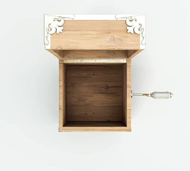 Een open lege sierlijke antieke open jack-in-the-box gek van hout en goud garnituren op een geïsoleerde witte studio achtergrond - 3D render - Foto, afbeelding