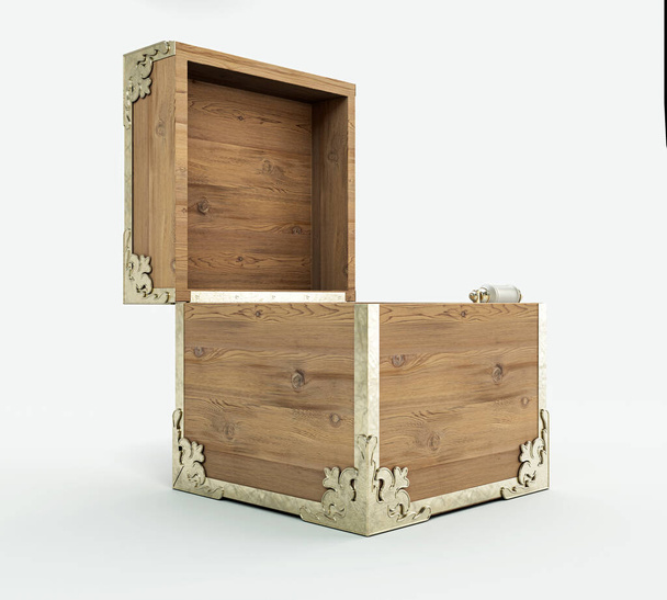 Ένα ανοιχτό άδειο περίτεχνο παλιό ανοιχτό jack-in-the-box τρελό από ξύλο και χρυσά διακοσμητικά σε ένα απομονωμένο λευκό στούντιο φόντο - 3D καθιστούν - Φωτογραφία, εικόνα