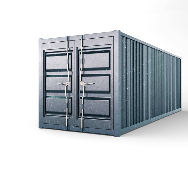 Un contenedor de envío con puertas cerradas y un mecanismo de bloqueo sobre un fondo blanco aislado - 3D render - Foto, Imagen