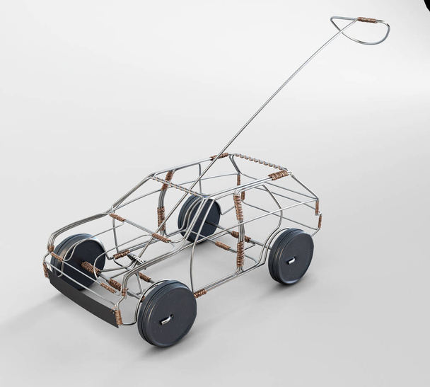 Традиционный южноафриканский автомобиль-игрушка ручной работы из металла и медной проволоки с жестяными банками в качестве колес на изолированном фоне - 3D рендеринг
 - Фото, изображение