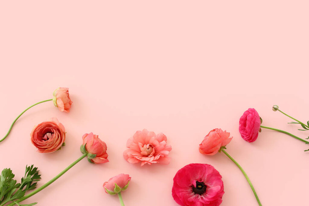 Top view image of pink flowers composition over pastel background - Foto, Imagem