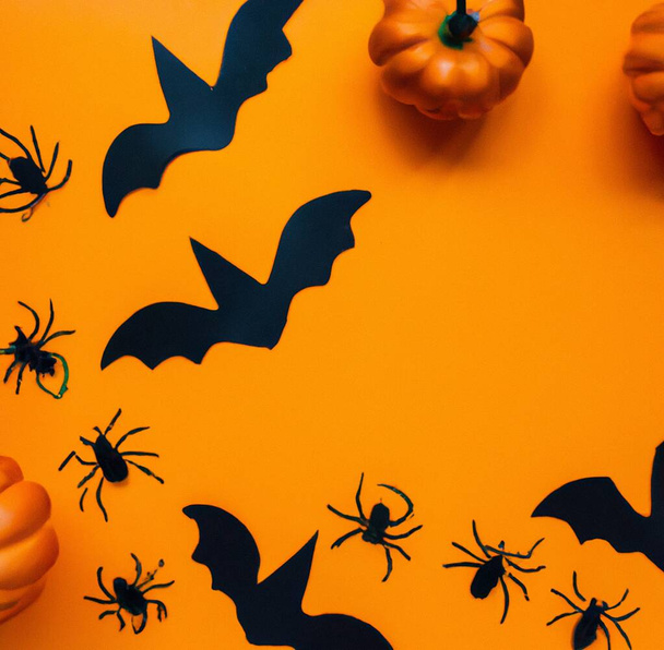 An illustration of a Halloween background with pumpkins, black bats and spiders - Photo, Image
