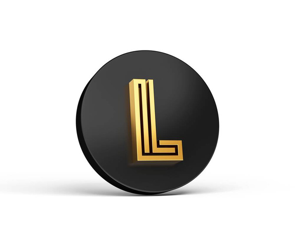 A 3D render of a golden L character on a black circle isolated on a white background - Zdjęcie, obraz