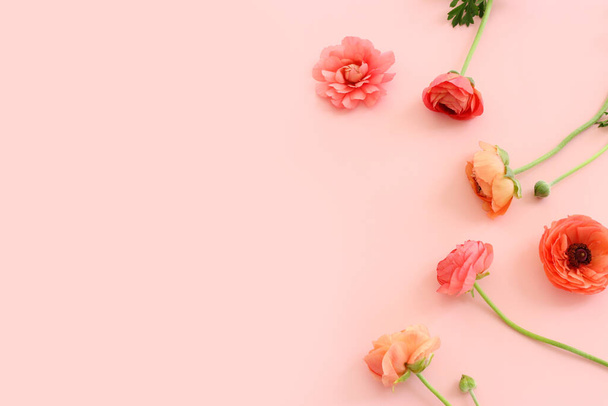 Top view image of pink flowers composition over pastel background - Фото, изображение