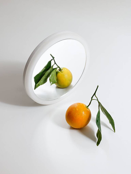 A vertical shot of a mandarin in the mirror - Foto, Bild