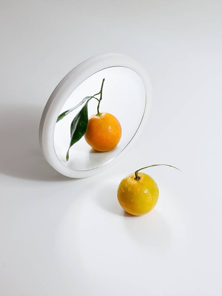 A vertical shot of a mandarin in the mirror - Foto, Bild