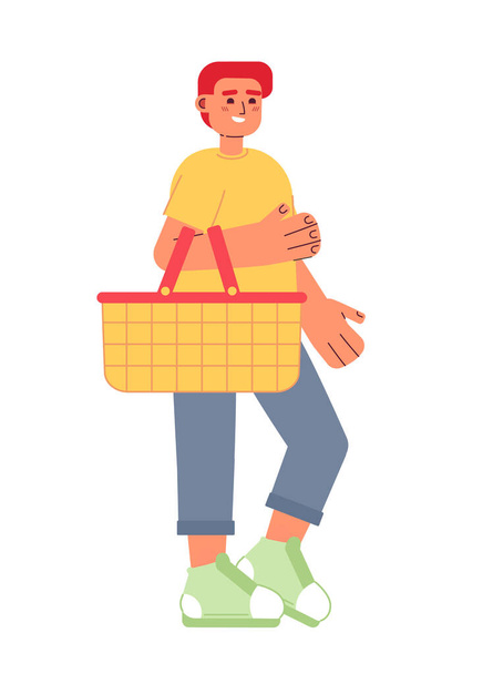 Smiling male customer with shopping basket semi flat colorful vector character. Shopper. Editable full body person on white. Simple cartoon spot illustration for web graphic design and animation - Вектор,изображение