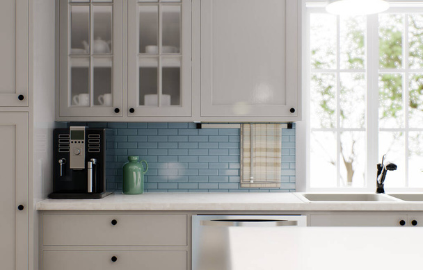 Amplia cocina luminosa con un splashback azul y taburetes de barra azul metálico. renderizado 3d.  - Foto, Imagen