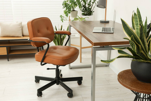 Stylish office interior with comfortable chair, desk, laptop and houseplants - Foto, Bild