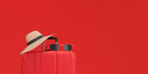 Panoramic of Suitcase with sun glasses and hat on red background. Exotic Vacation concept. 3d rendering. - Fotoğraf, Görsel