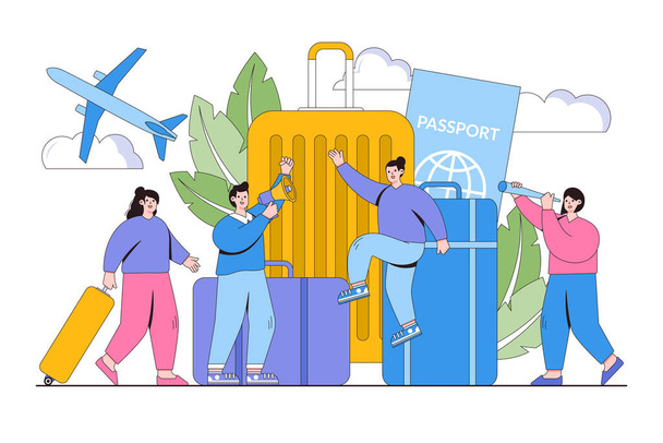 Vacation planning, business trip, hand luggage, travel, tour, suitcase and tourism concept with people character. Outline design minimal vector illustration for landing page, web banner, infographics. - Vector, Image