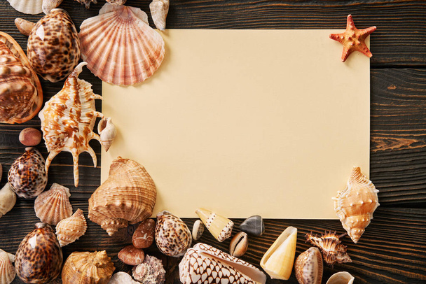 Invitation or greeting card mockup with seashells and starfish on dark woodwn background. Summer vacation concept, copy space. Flat lay, top view - Foto, Imagen