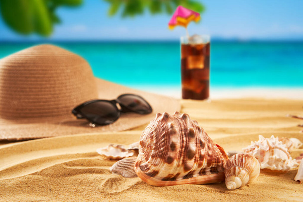 Summer time vacation concept. Straw hat, seashells on the sand beach and sea background. Travel - Photo, Image