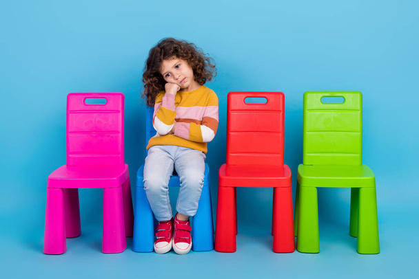 Full body cadre of offended sad preschool girl brown curly hairstyle sitting chair waiting teacher help isolated on blue color background. - Fotografie, Obrázek