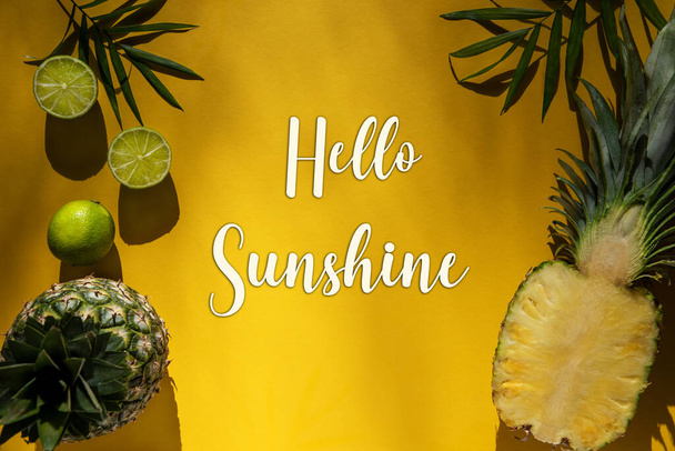 Yellow Flat Lay With English Text Hello Sunshine. Yellow Summer Background With Tropical Fruits Like Lemon And Pineapple And Palm Leaf. - Valokuva, kuva