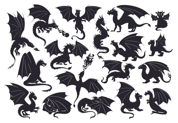 Silhouette di draghi volanti. Rettili sputafuoco, mascotte alate di draghi medievali, spaventosi draghi set di illustrazioni vettoriali piatte. silhouette specie di drago fata - Vettoriali, immagini