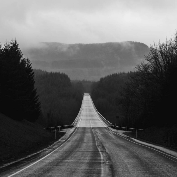 A monochrome empty road in Mount Saint Helens Volcanic Monument in Washington, USA - Foto, afbeelding