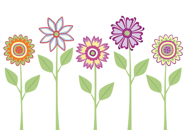 Set of 5 colorful vector flowers and leaves on a stem - ベクター画像