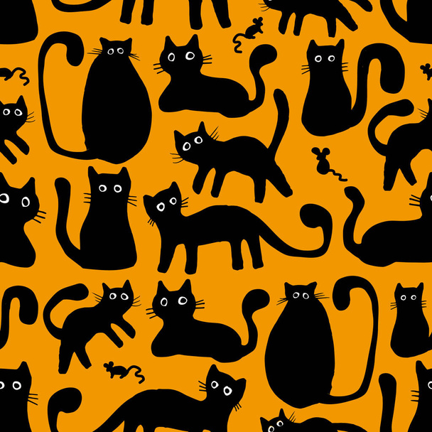 Black cats doodle seamless pattern design. Domestic animal elements in hand drawn style on isolated yellow background. Use for fabric, wallpaper and wrapping paper. - Vector, imagen