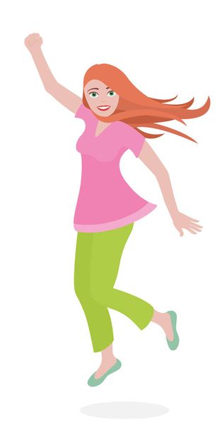Πηδώντας κοκκινομάλλα νεαρή γυναίκα με ένα συμπαθητικό φιλικό χαμόγελο - φορώντας ένα ροζ μπλουζάκι, πράσινο κολάν, τυρκουάζ μπαλέτο διαμερίσματα - όμορφη, χαρούμενη, λεπτή, μοντέρνα, αυτοπεποίθηση κορίτσι. Εικονογράφηση διανύσματος - Διάνυσμα, εικόνα