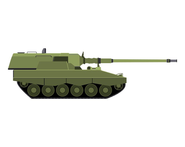 Önjáró howitzer lapos stílusban. Német 155 mm Panzerhaubitze 2000. Katonai páncélozott jármű. Színes vektor illusztráció elszigetelt fehér háttér. - Vektor, kép
