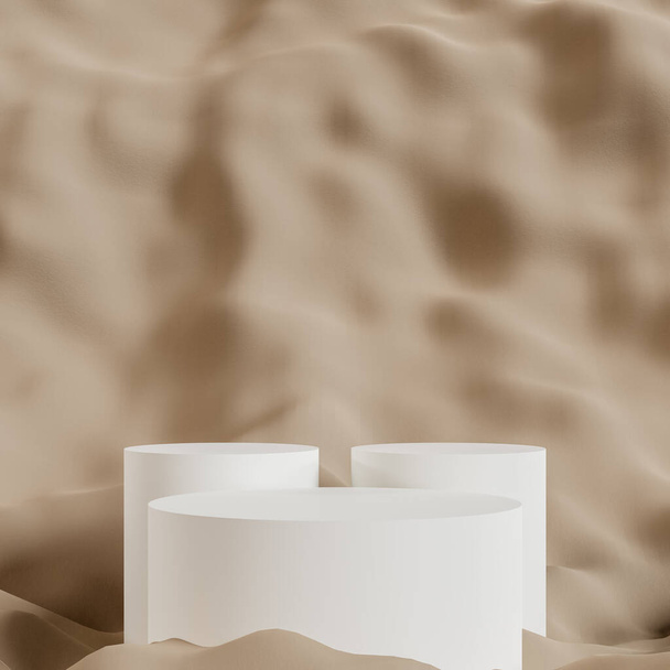 Abstraktní 3D bílý válec podstavec pódium s hnědým pozadím. Pastelově hnědá minimální scéna s osvětlením pro prezentaci produktů. - Fotografie, Obrázek