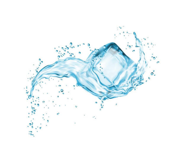 Realistická kostka ledu s vodou. Izolovaný 3d vektorový vodní proud a zmrazený krystalový blok zachycený ve vysokém rozlišení, zobrazující texturu a detaily zmrazené ledové kostky a roztroušené mokré kapky - Vektor, obrázek