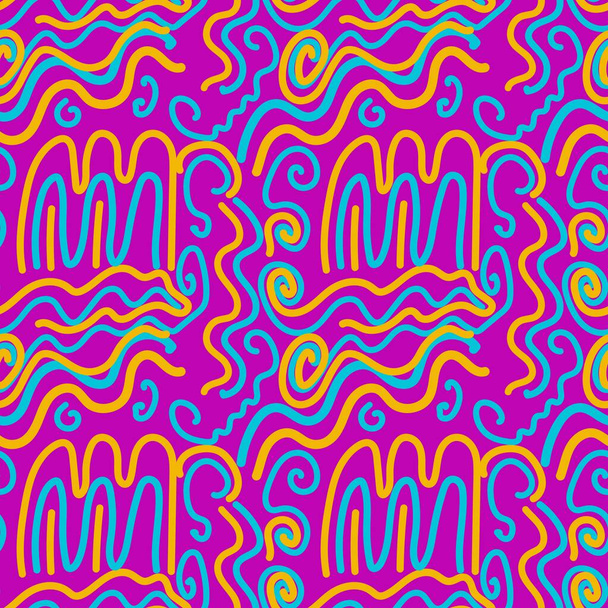 Seamless pattern squiggle scribble in 90s style. Bright colorful abstract doodle design with spiral, rounded shapes, geometric lines, curly. For textiles, paper, fabrics, wallpaper, wrapping, backdrop - Vector, Imagen